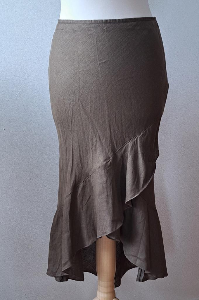 Asymmetrische rok van 100% khaki linnen, Kleding | Dames, Overige kleuren, Ophalen of Verzenden, Zo goed als nieuw, Maat 36 (S)