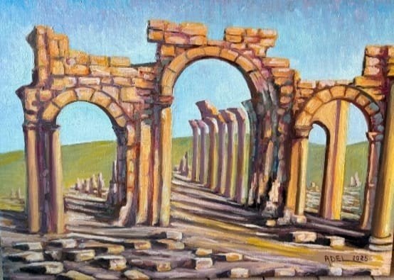 Olieverfschilderij: Ruïnes van Tadmor, Syrië (50x70 cm), Antiek en Kunst, Ophalen of Verzenden