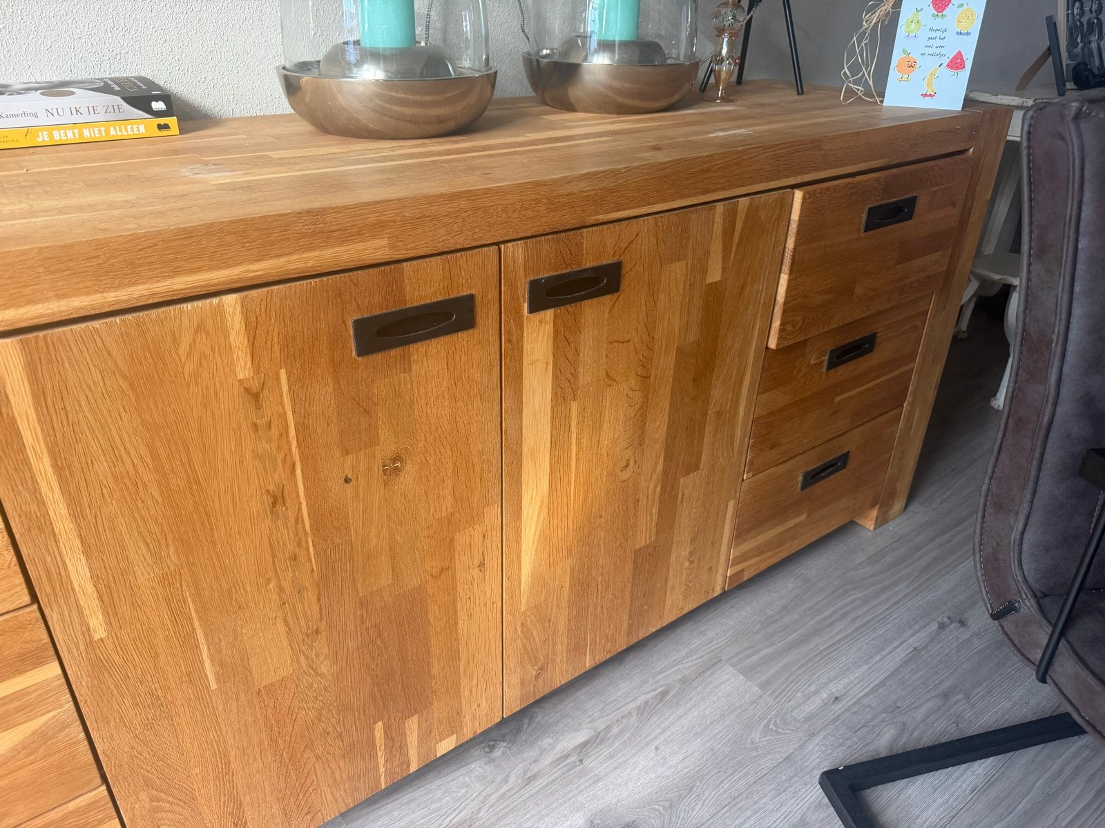 Eiken eettafel, dressoir en 4 stoelen - Complete set, Ophalen, Gebruikt, 75 cm of meer, Eikenhout