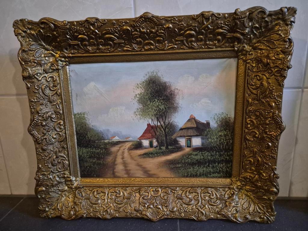 Schilderij met landschap en boerderijen in sierlijke lijst, Antiek en Kunst, Ophalen