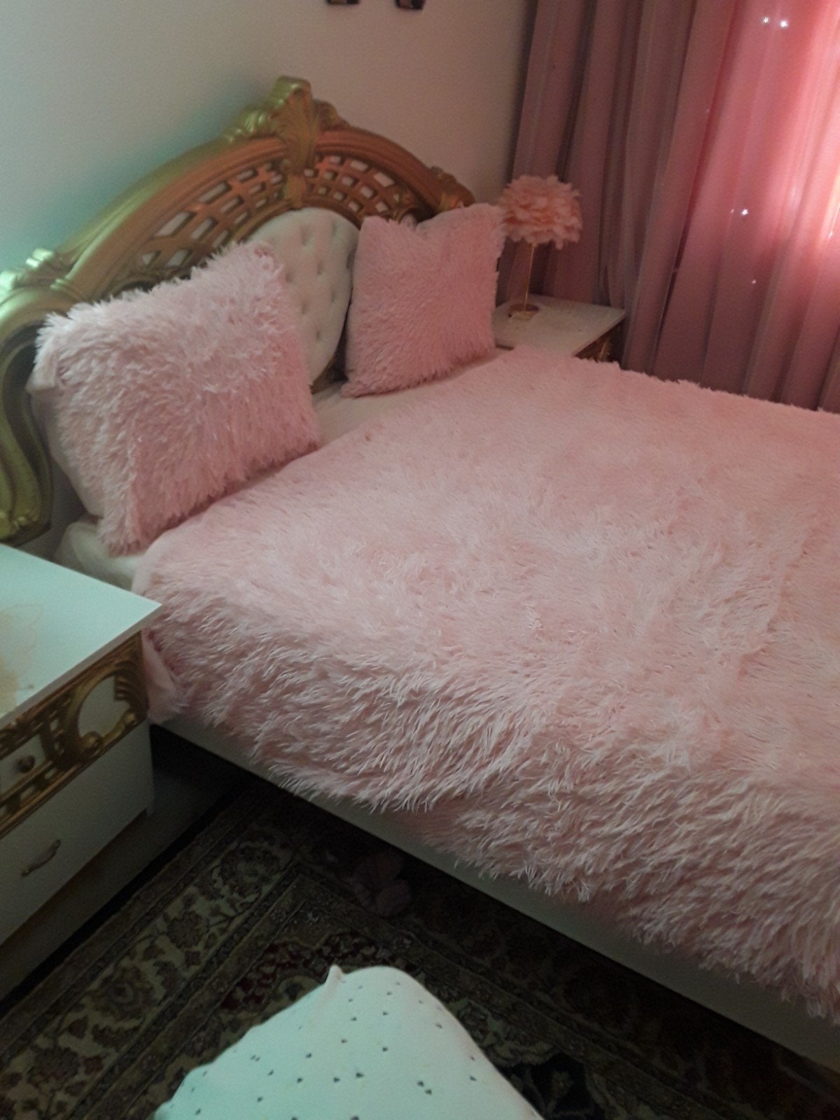 Luxe tweepersoonsbed met gouden accenten en nachtkastjes, Ophalen, Gebruikt, Wit, Tweepersoons
