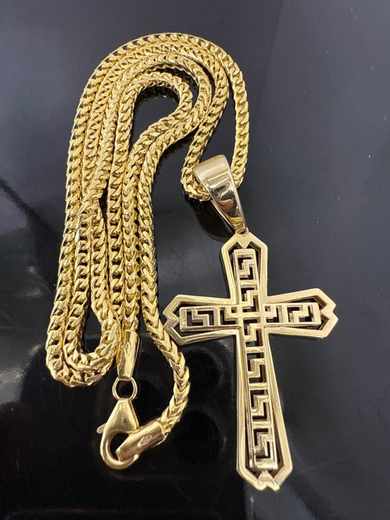 Prachtige 14k gouden massieve vossenstaart ketting met kruis, Ophalen of Verzenden, Nieuw, Goud