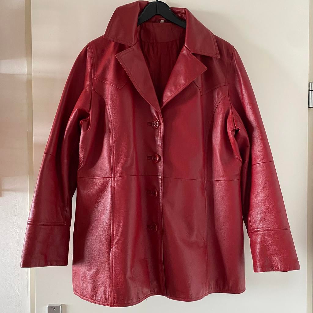 RODE LEDEREN TUSSEN JAS 44 ( 40-42), Ophalen of Verzenden, Gedragen, Maat 42/44 (L), Rood