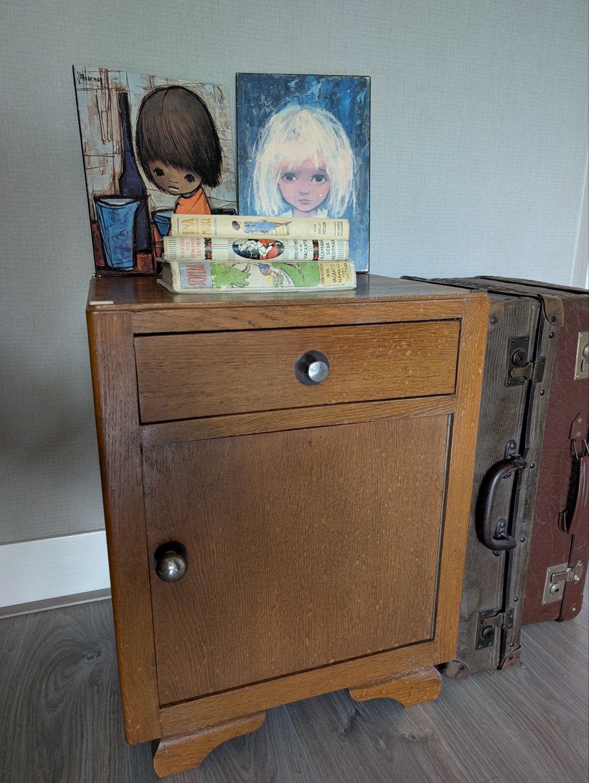 Vintage eiken nachtkastje eiken houten halkastje kastje, Ophalen