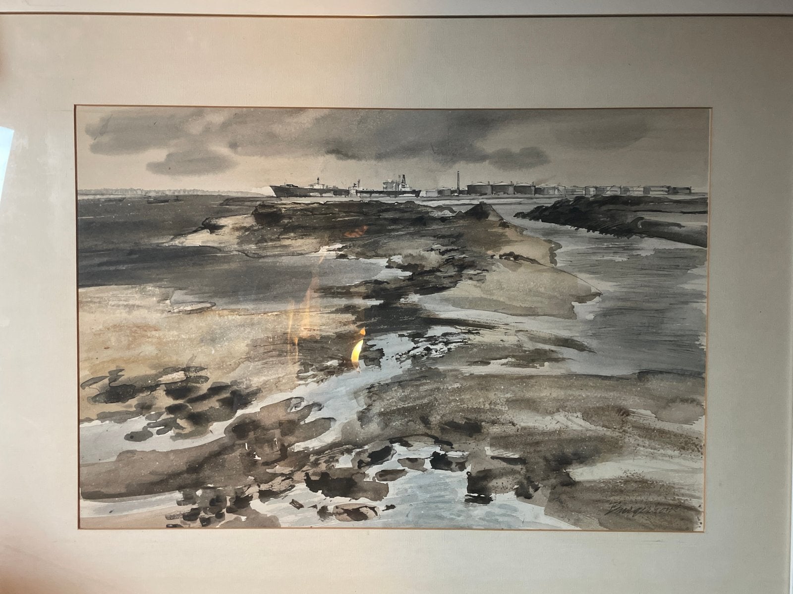 Groot aquarel havengezicht/polderlandschap, aquarel/goua, Ophalen