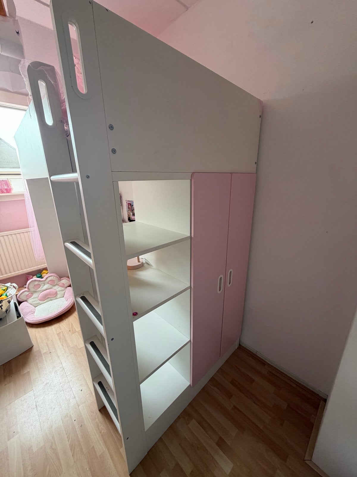 IKEA STUVA/FRITIDS hoogslaper wit/roze met bureau en kast, Gebruikt, Eenpersoons, Ophalen of Verzenden, 200 cm