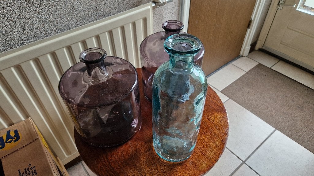 3 grote gekleurde flessen-vazen tuin woon deco, Ophalen of Verzenden