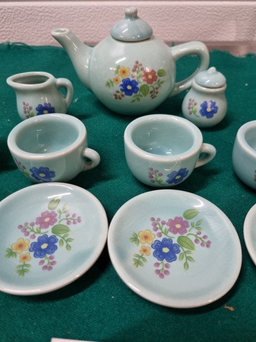 Miniservies groen blauw met bloemen, Antiek en Kunst, Antiek | Servies compleet, Ophalen of Verzenden