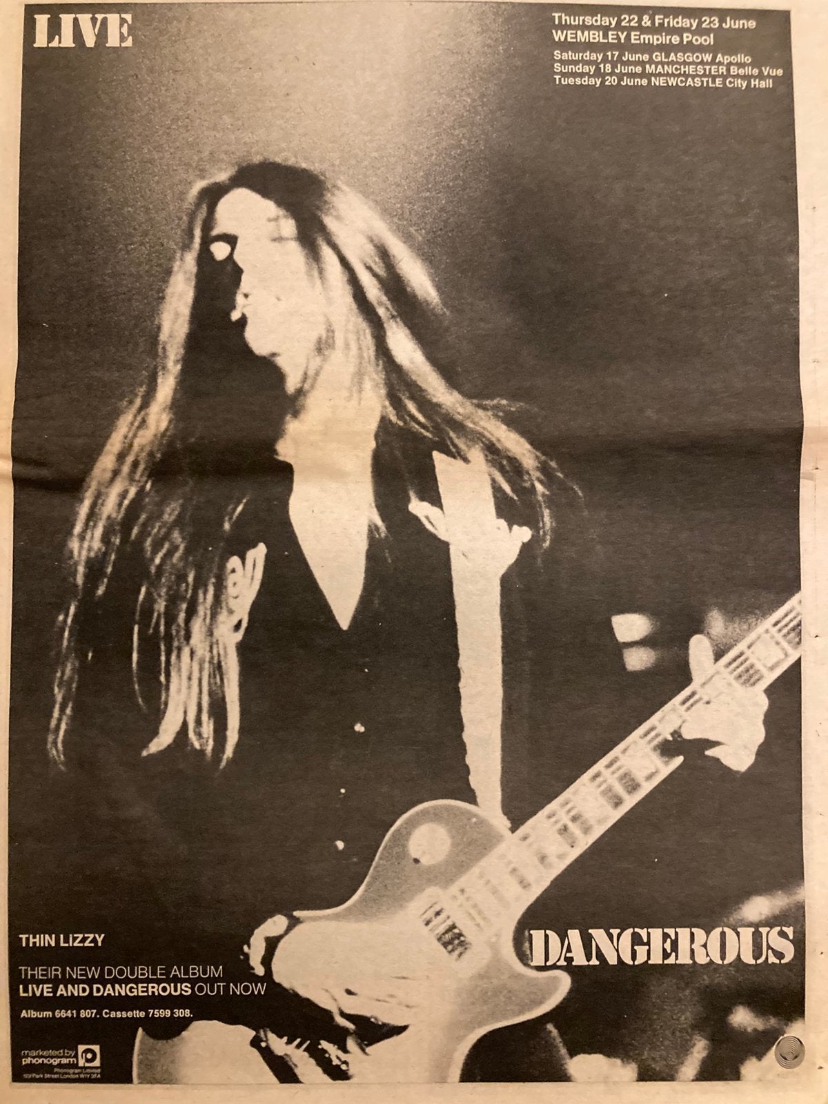 THIN LIZZY Live & Dangerous Tour A3 advertentie, Cd's en Dvd's, Vinyl | Hardrock en Metal, Ophalen of Verzenden, Zo goed als nieuw