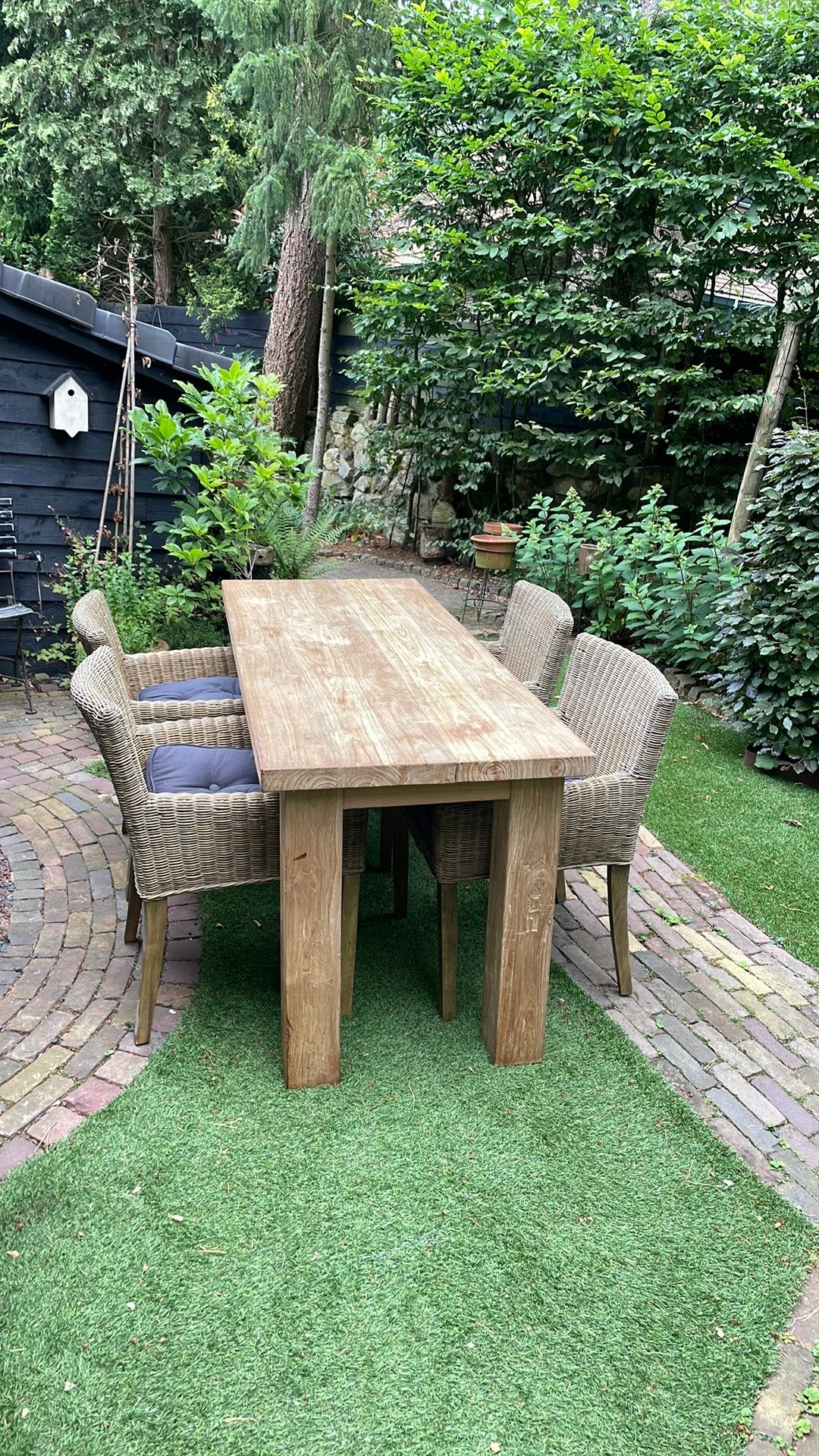 Eethoek 70x180, dikte 4, teakhout massief, 4 stoelen rotan, Tuin en Terras, Ophalen of Verzenden, Zo goed als nieuw, Teakhout
