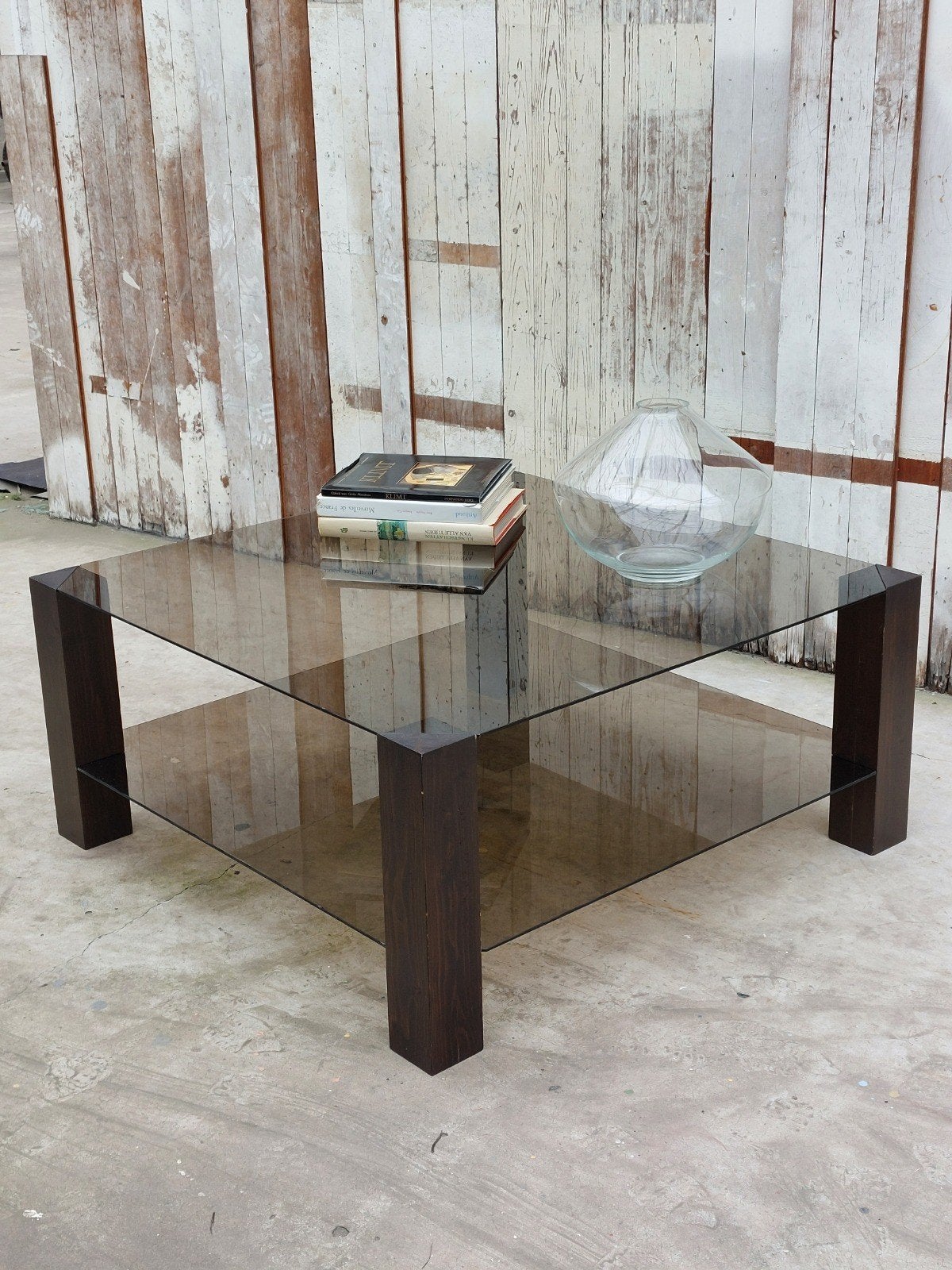 Mid-Century koffietafel / salontafel met gekookt glas, Huis en Inrichting, Tafels | Salontafels, Ophalen, 50 – 75, Gebruikt, 50 tot 100 cm