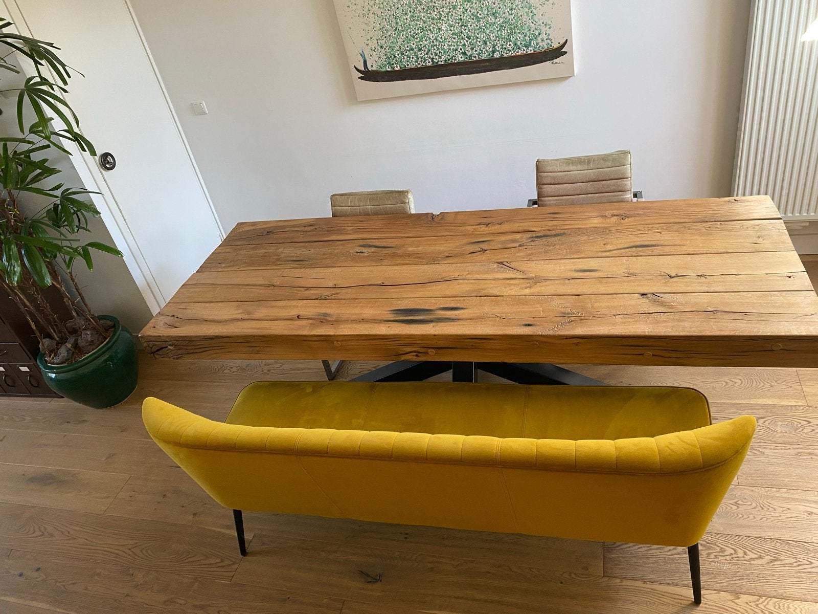 Oker Gele Eettafelbank - 190cm breed - Gebruikt, Huis en Inrichting, Ophalen, Gebruikt, Stof