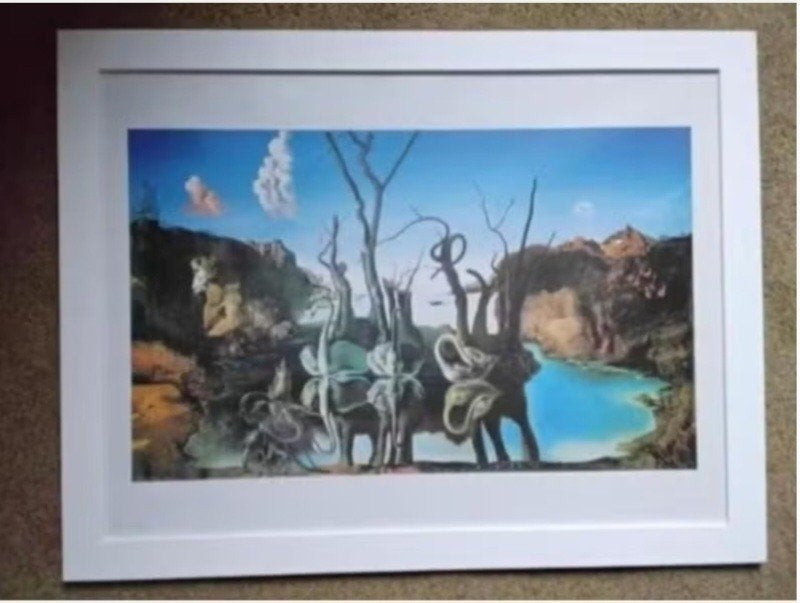 Ingelijste poster van Dali 'zwanen reflecteren olifanten', Ophalen, Met lijst, Rechthoekig Liggend, Zo goed als nieuw