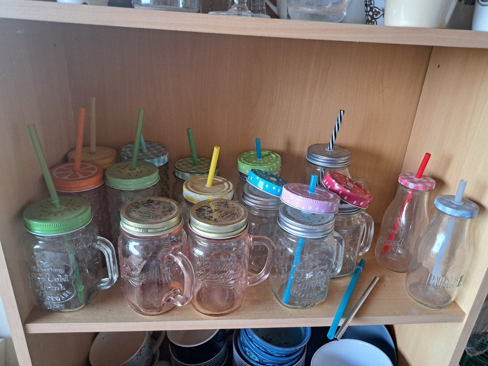Set van 16 Mason Jar drinkglazen met rietjes en deksels, Ophalen of Verzenden, Meerkleurig, Glas, Overige typen