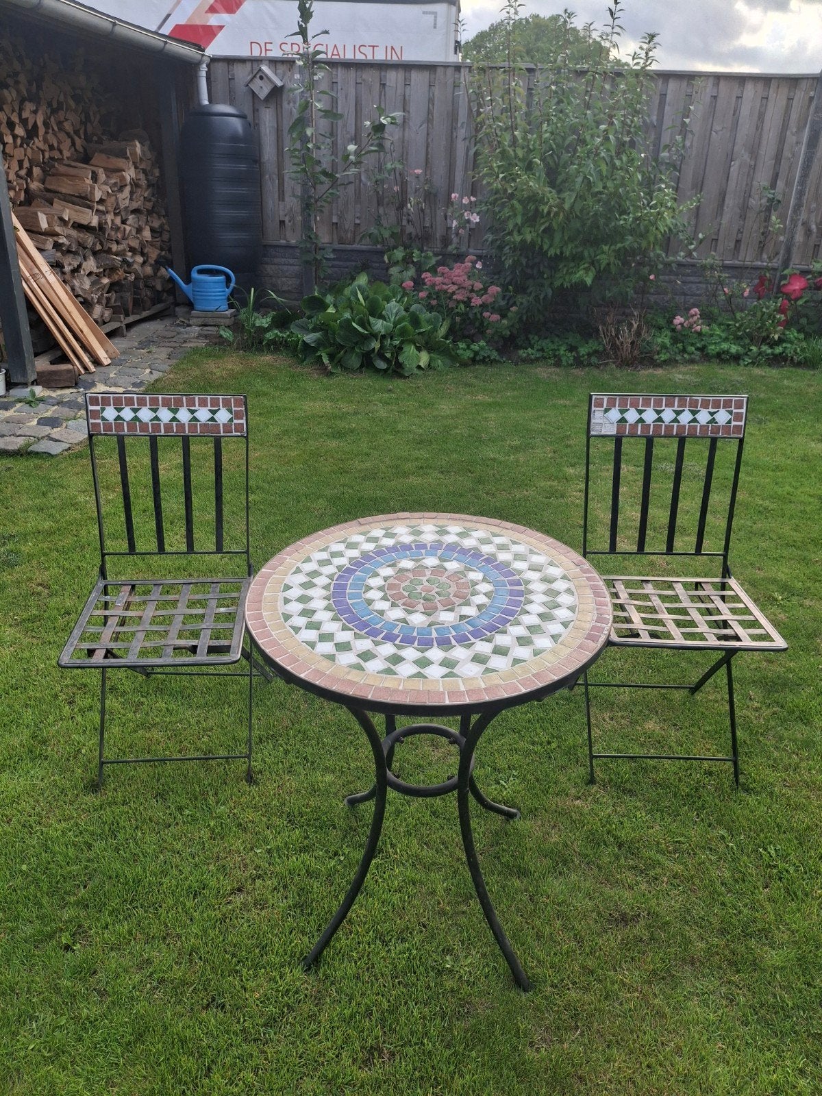 Mozaïek tuinset met tafel en 2 stoelen - opknapper, Ophalen, Gebruikt, Overige materialen, Tuinset