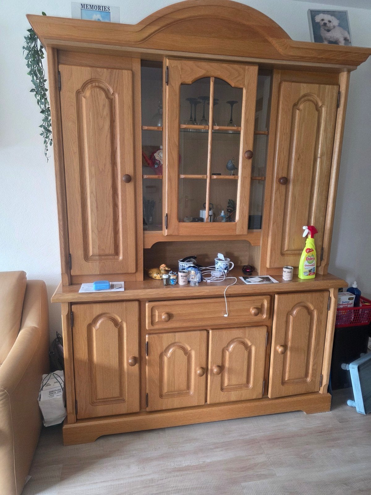 Eikenhouten buffetkast met vitrine en opbergruimte, Ophalen, Glas, Gebruikt, Klassiek, Landelijk