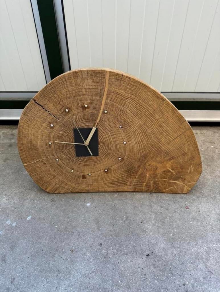 Unieke handgemaakte houten klok van eiken- en teakhout, Ophalen of Verzenden, Nieuw, Staande klok