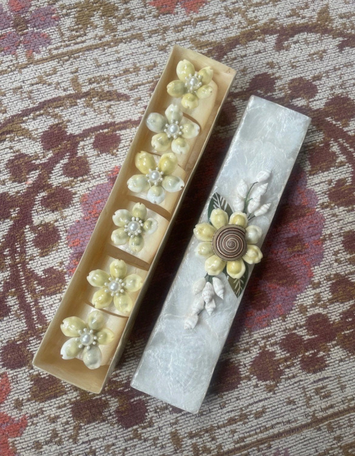Vintage Capiz Shell servetringen in luxe bewaardoos, Ophalen of Verzenden