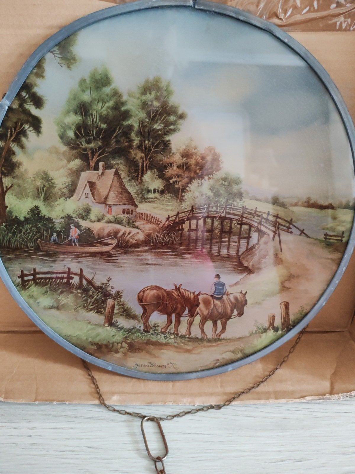 J.C. van Hunnik - Glas in Loden Rand - Landelijk Tafereel, Ophalen of Verzenden