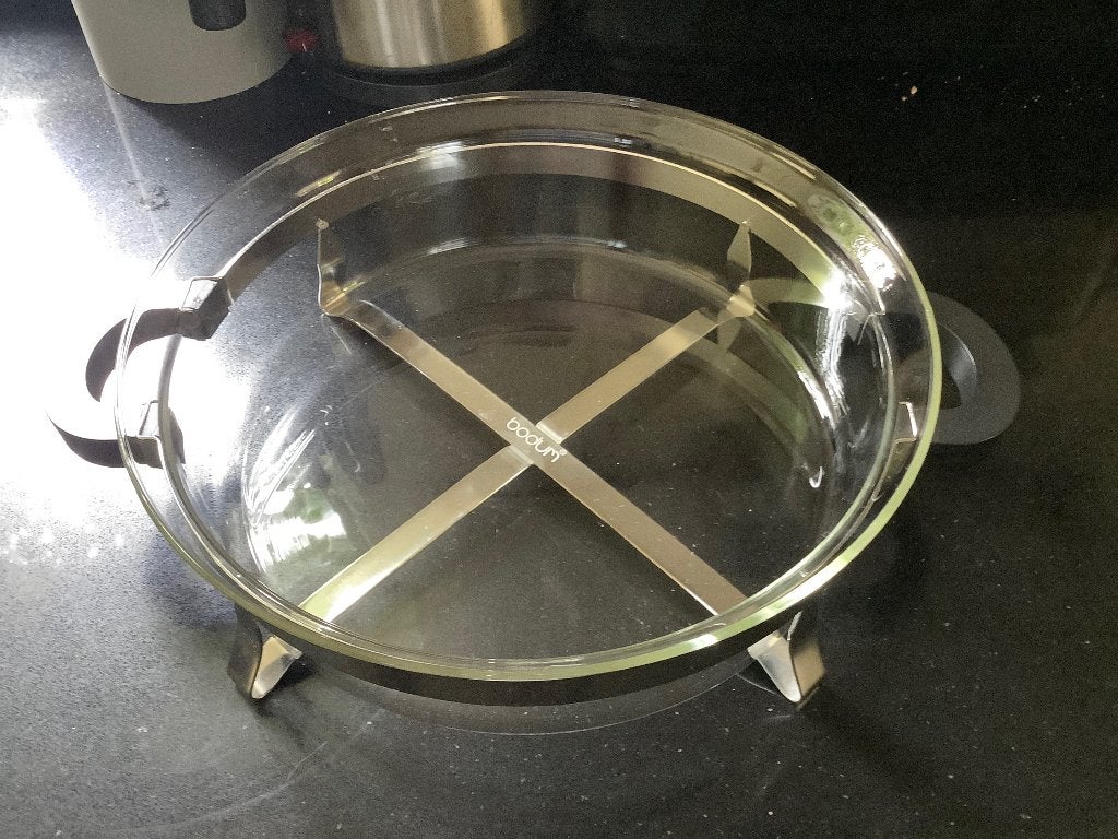 Bodum rond glazen ovenschaal houder Chambord uit jaren ’80, Huis en Inrichting, Geel, Bodum, Ophalen of Verzenden, Zo goed als nieuw