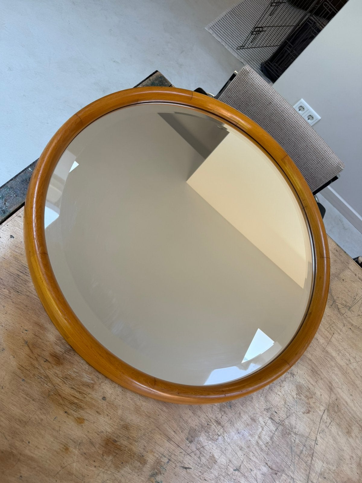 Vintage massief houten spiegel met geslepen glas, Ophalen, Rond, 50 tot 100 cm, Minder dan 100 cm