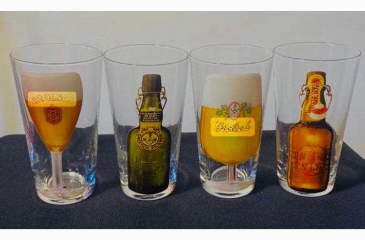 4 Verschillende Grolsch bierglazen. Hoogte 13,5 cm., Ophalen of Verzenden, Zo goed als nieuw, Glas of Glazen, Grolsch