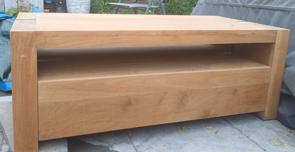Tv meubel echt teak hout, Ophalen, 100 tot 150 cm, Teakhout, Zo goed als nieuw