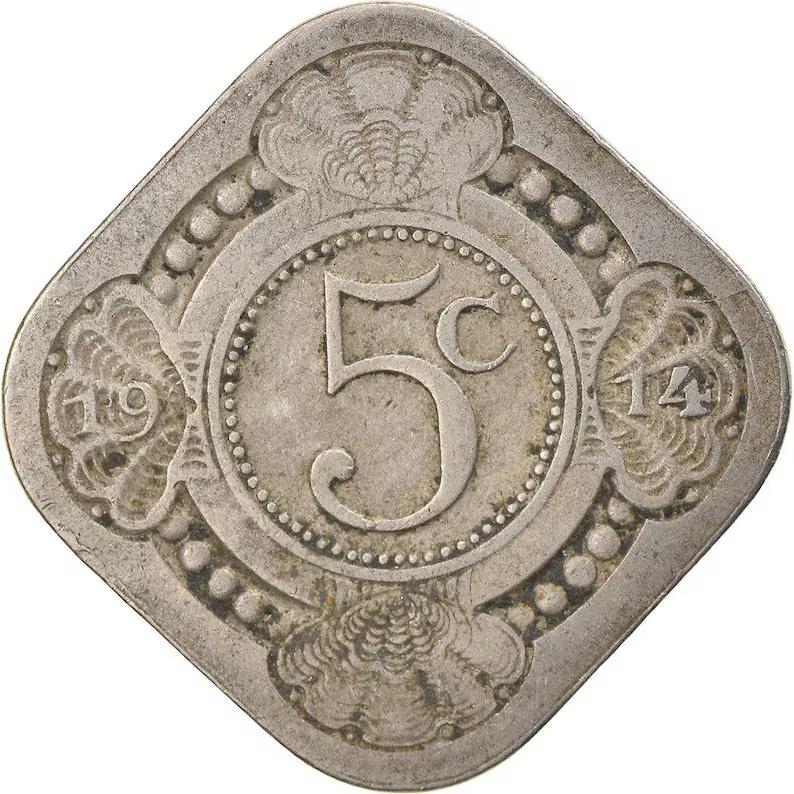 5 cent munt vierkant, jaartal 1914, Ophalen of Verzenden, Koningin Wilhelmina, 5 cent, Losse munt