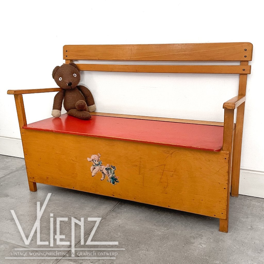 Vintage, retro houten kinderbankje, opbergbankje, klepbankje, Kinderen en Baby's, Kinderkamer | Tafels en Stoelen, Gebruikt, Stoel(en)