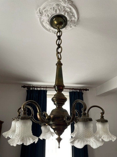 Klassieke zesarmige hanglamp / kroonluchter, Ophalen, Gebruikt, Metaal, Klassiek