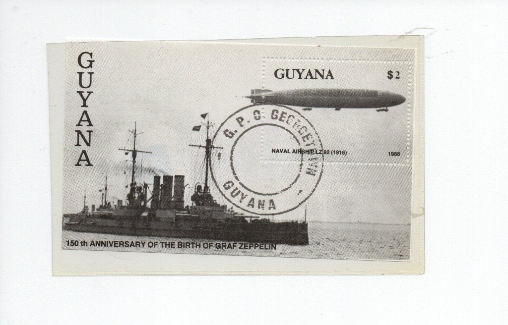 Guyana postzegelvelletje: Graf Zeppelin en oorlogsschip 1980, Ophalen of Verzenden, Gestempeld, Vliegtuigen
