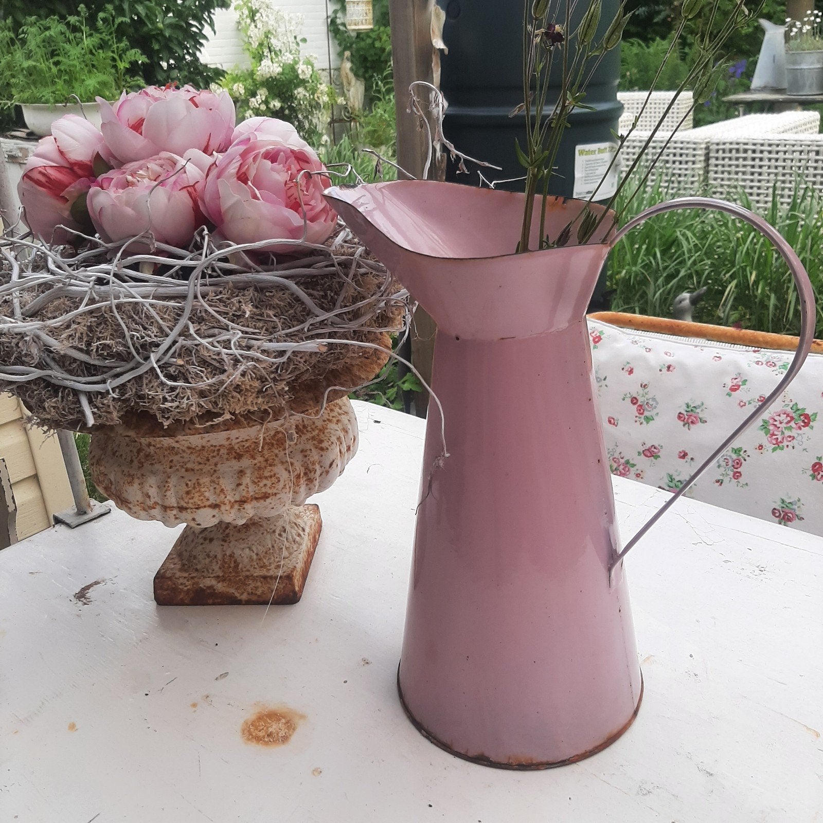 Vintage roze emaille kan - Brocante decoratie, Antiek en Kunst, Antiek | Emaille, Ophalen of Verzenden