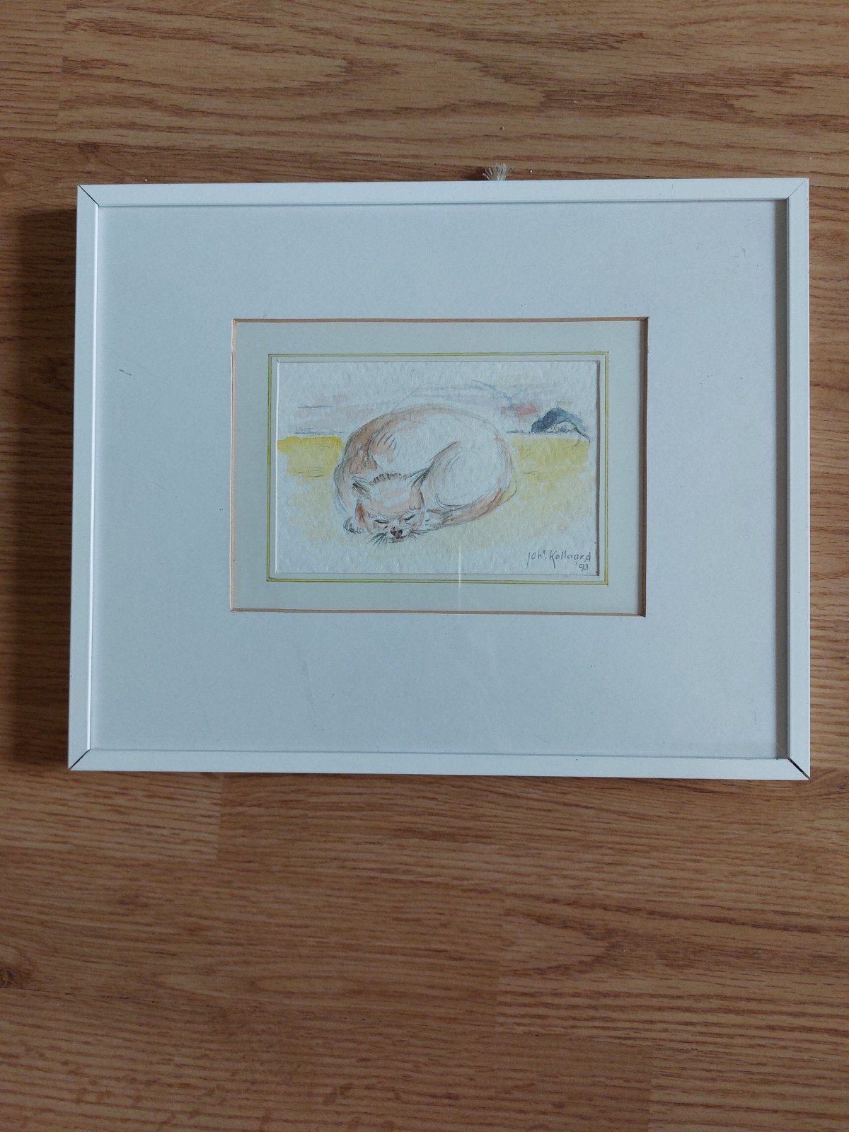 Johan Kollaard - Slapende kat (ingelijst), Ophalen of Verzenden, Tekening, Aquarel, Gesigneerd