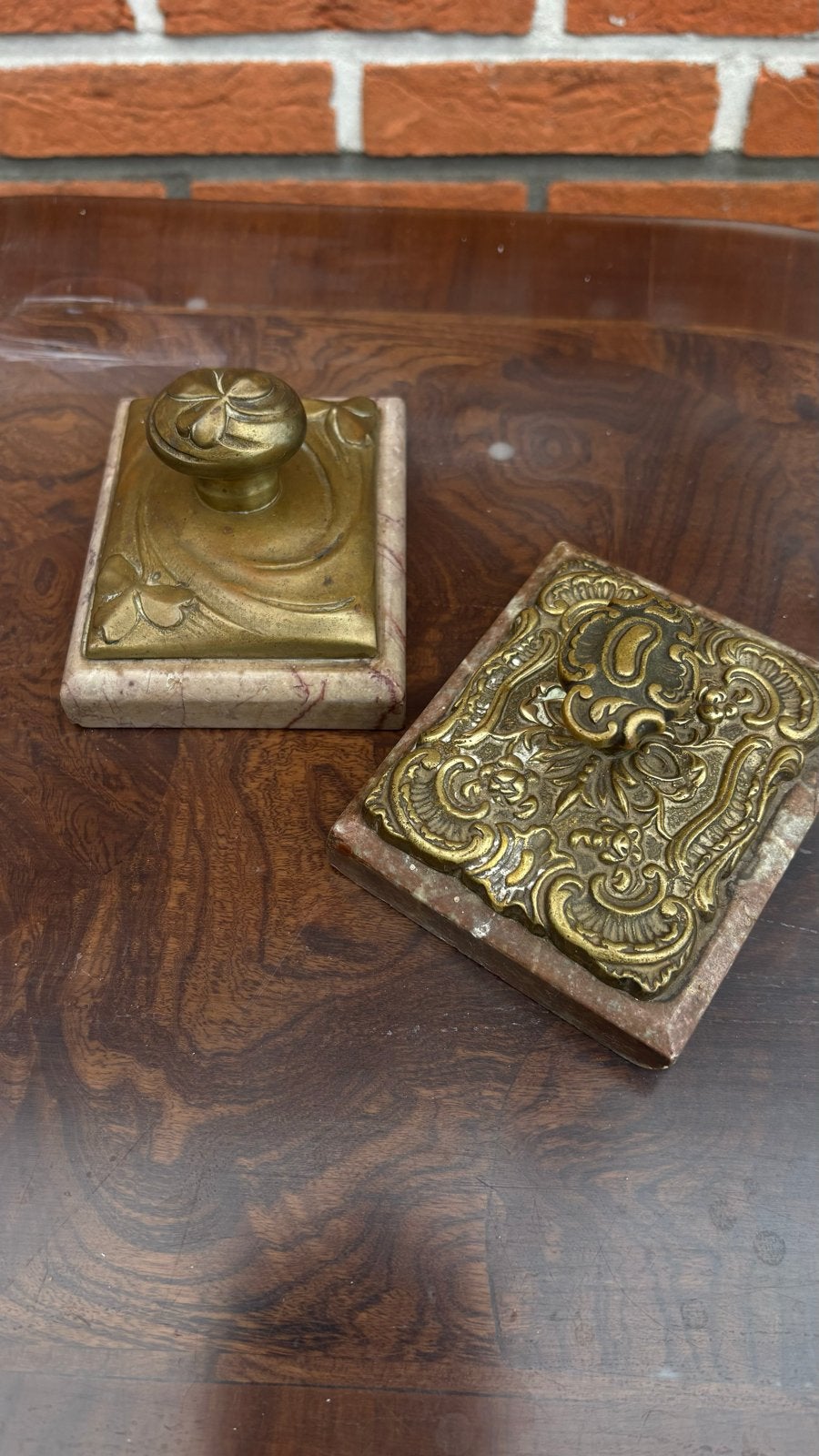 Twee Antieke Presse-Papiers Brons/Messing & Marmer, Ophalen of Verzenden