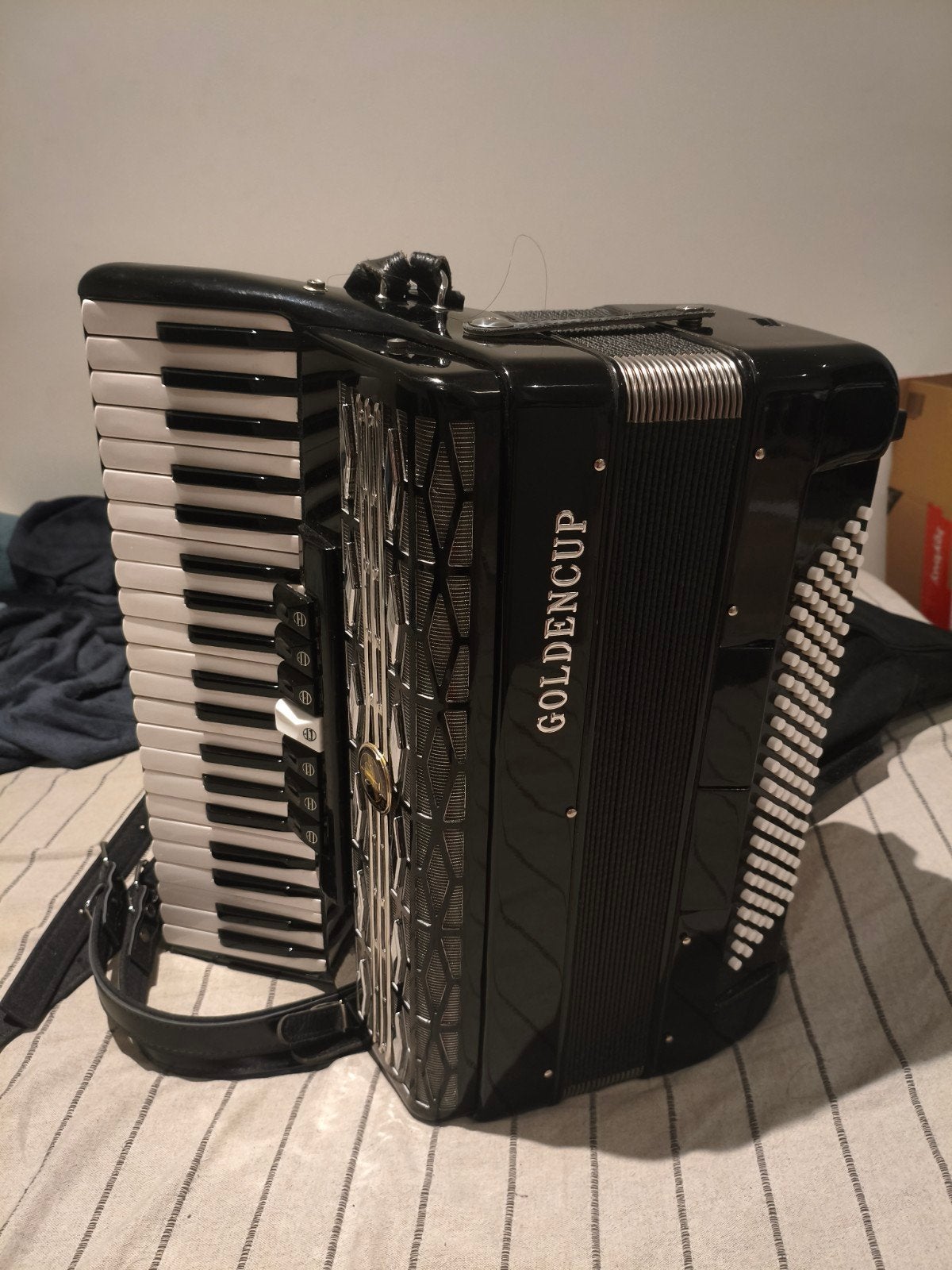 Golden Cup accordeon, 120 bassen, 3 korig, Met riemen, Toetsaccordeon, Zo goed als nieuw, 120-bas