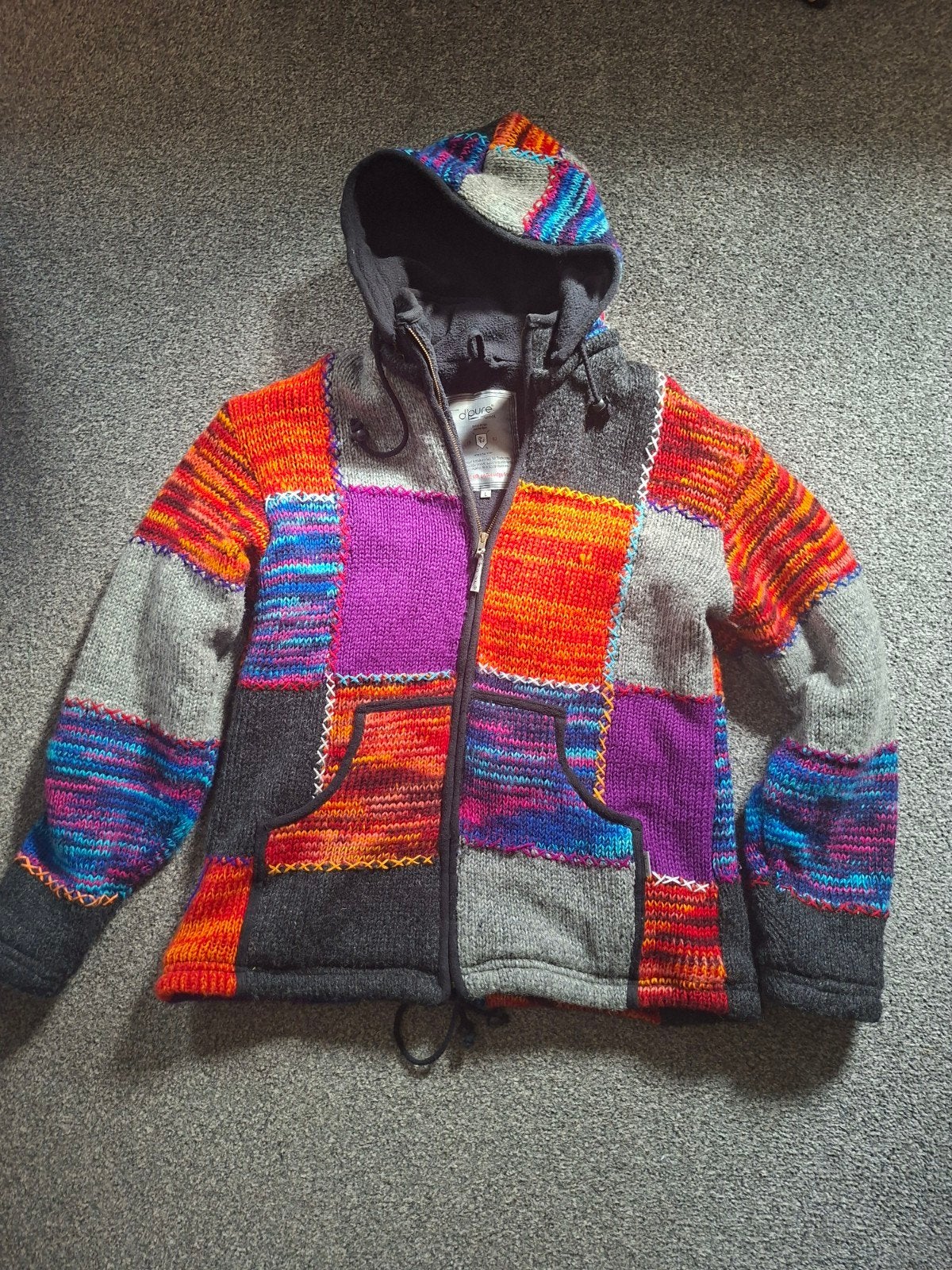 D'pure Wool Patchwork jas met Capuchon - Maat L, Meerkleurig, Maat 42/44 (L), Ophalen of Verzenden, Zo goed als nieuw