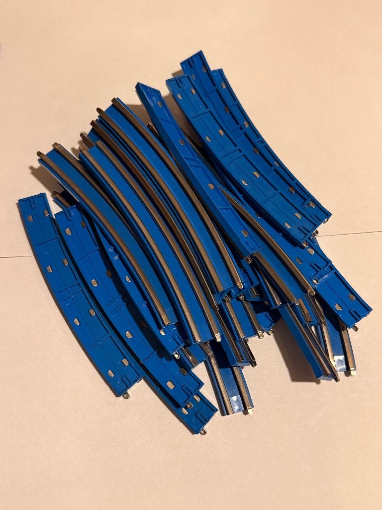 Originele vintage blauwe Lego rails met toebehoren