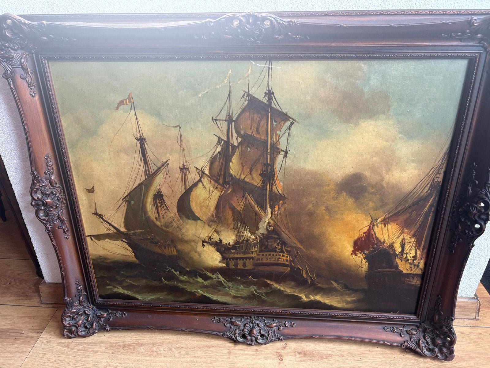 Antiek Schilderij: Zeeslag in Prachtige Lijst, Maritiem / water, Doek, Bijzondere lijst, Ophalen of Verzenden