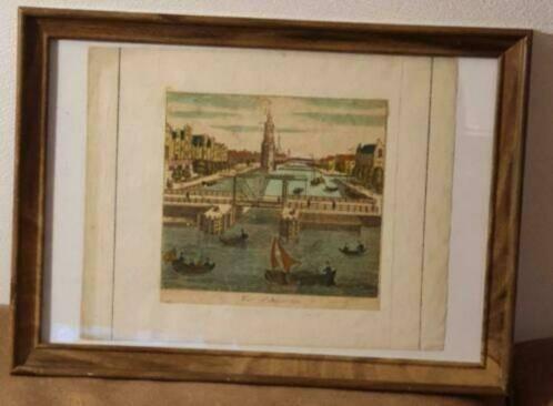 Oude gravure Amsterdam Montelbaanstoren rond 1750, Antiek en Kunst, Kunst | Etsen en Gravures, Ophalen