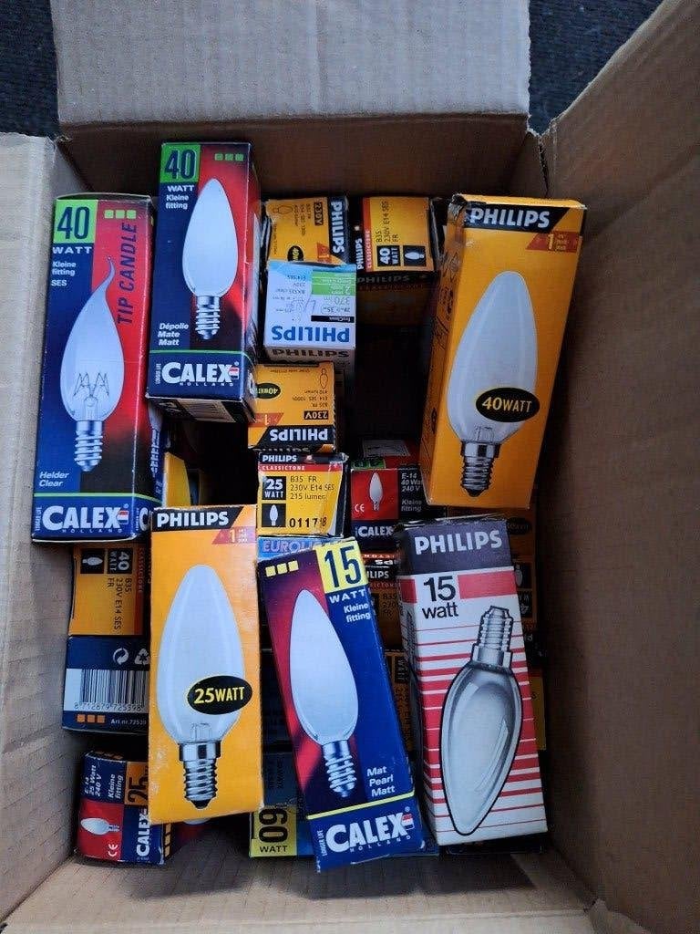 Doosje met 36 Gloeilamp kaarsjes e14 verschillende soorten., Philips, Gloeilamp, E14 (klein), Nieuw