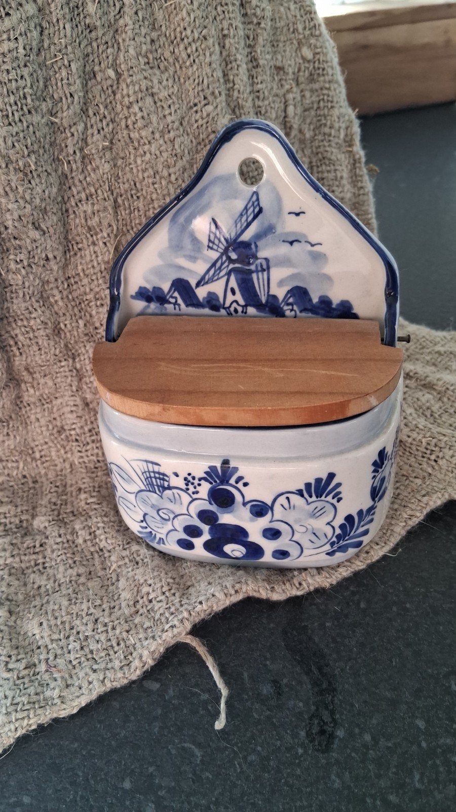 vintage handgeschilderd Delfts Blauwe Zoutpot met Molen, Ophalen of Verzenden