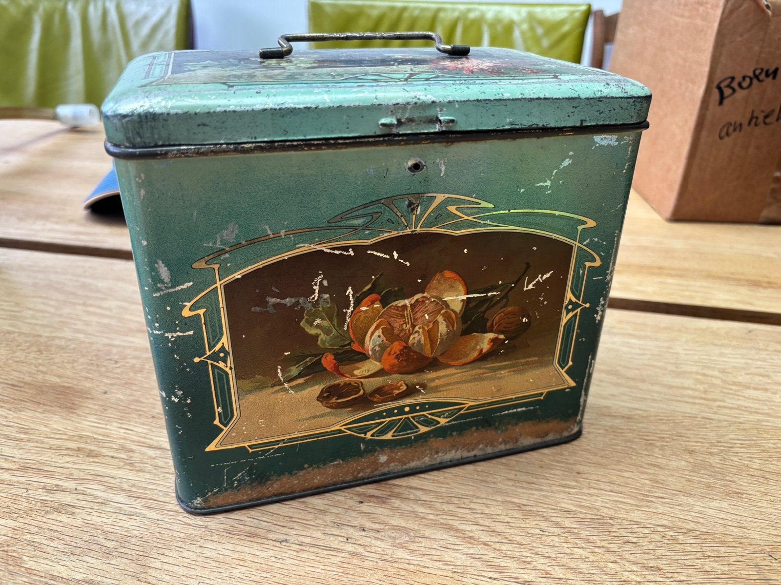 Vintage blik met fruitdecoratie, Ophalen of Verzenden, Gebruikt, Overige, Overige merken