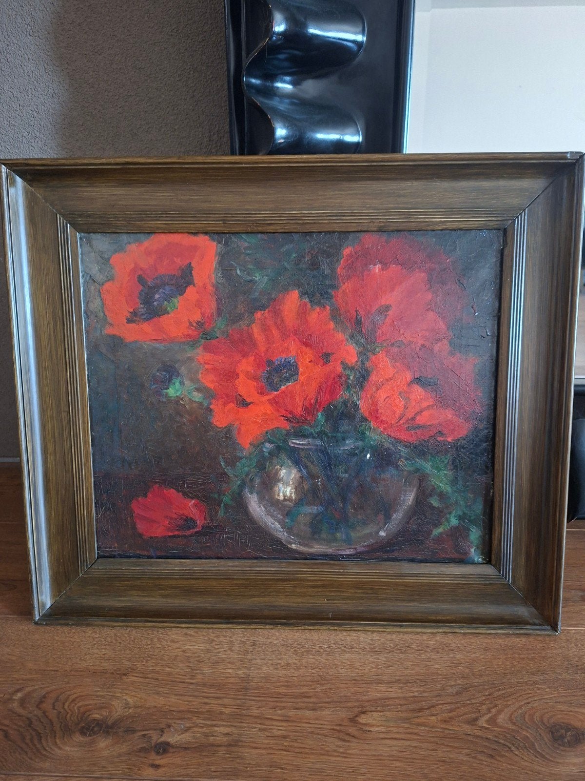 Schilderij met rode klaprozen in vaas, Bloemen, Doek, Realistisch, Origineel werk