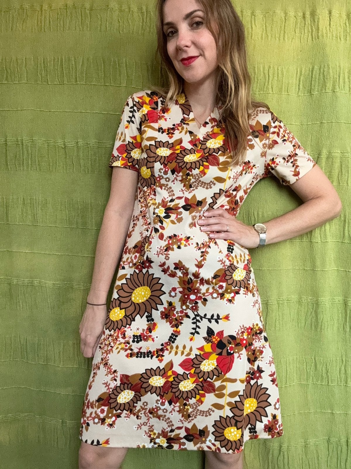 Vintage jurk / print / meerkleurig / small / S / jurken, Kleding | Dames, Hgv, Ophalen of Verzenden, Maat 36 (S), Gedragen