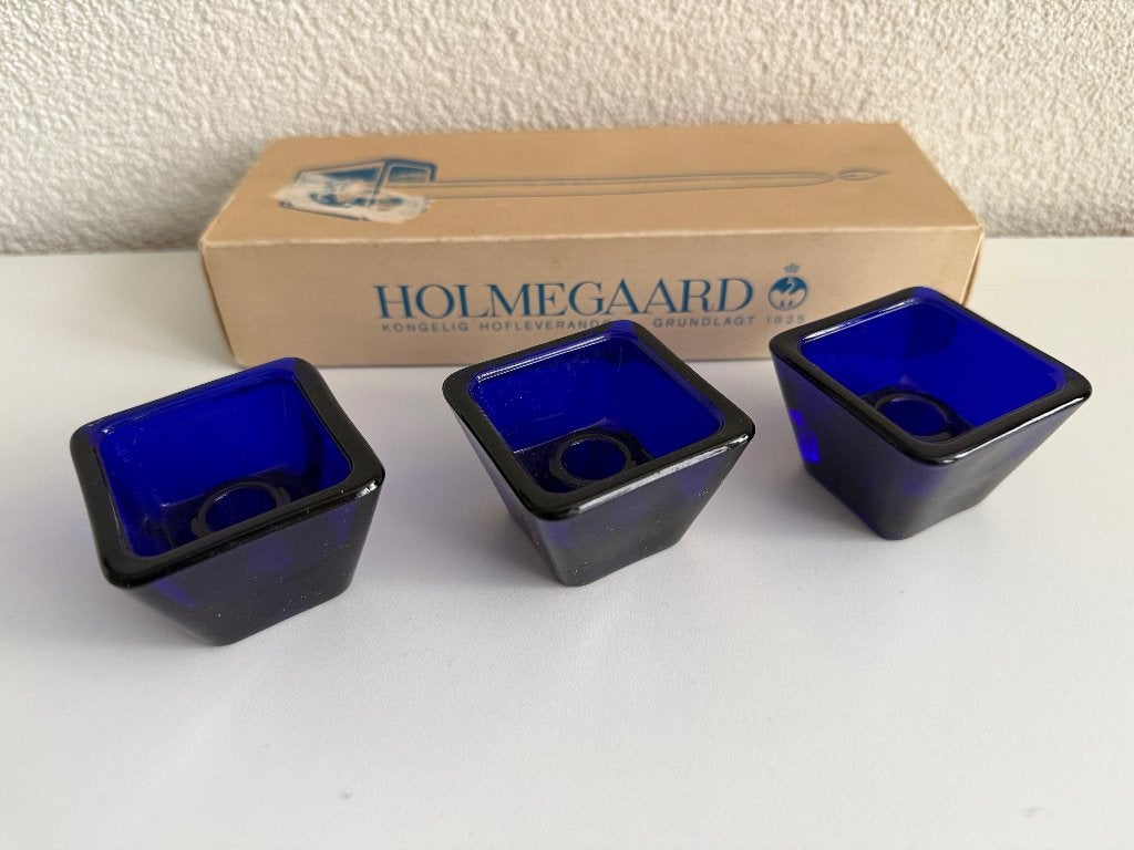 Vintage Holmegaard kaarshouders (glas, blauw) - Deens design, Huis en Inrichting, Blauw, Ophalen of Verzenden, Kaars, Glas