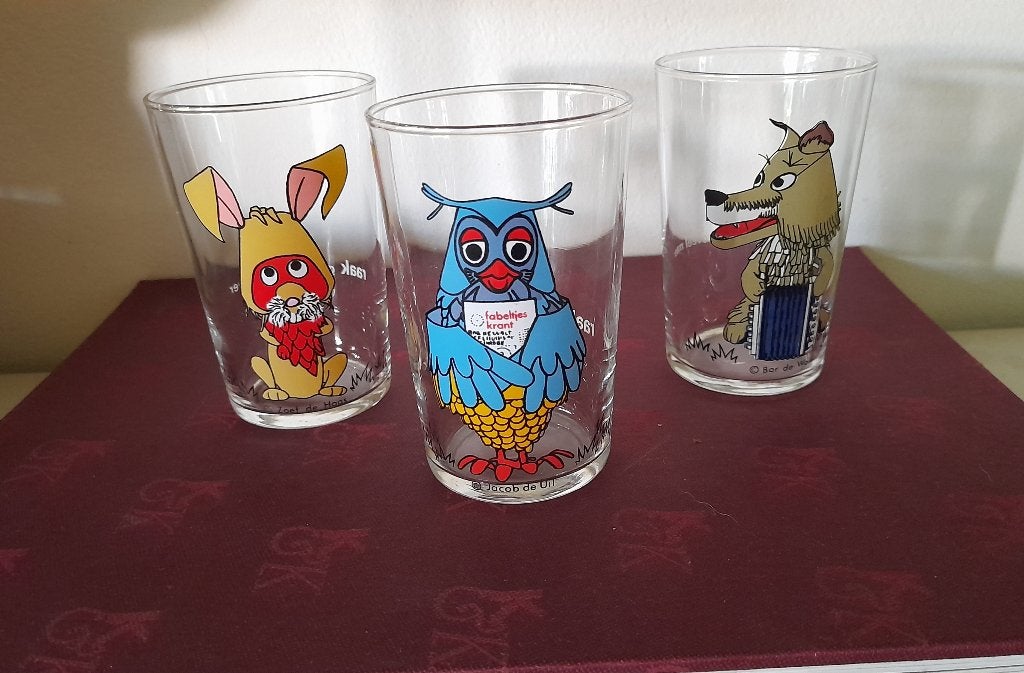 Set van 3 vintage Fabeltjeskrant glazen, Ophalen of Verzenden, Gebruikt, Frisdrankglas