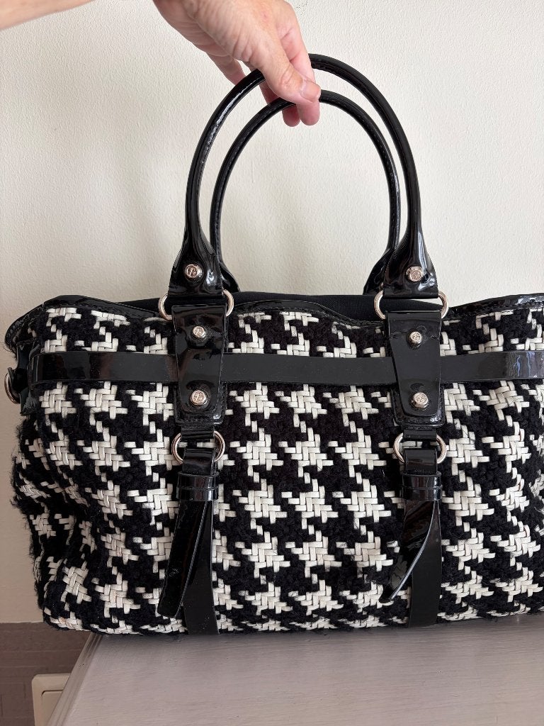 Francesco Biasia Pied de Poule Tas,  wol met lakleer, Ophalen of Verzenden, Zo goed als nieuw, Zwart, Handtas