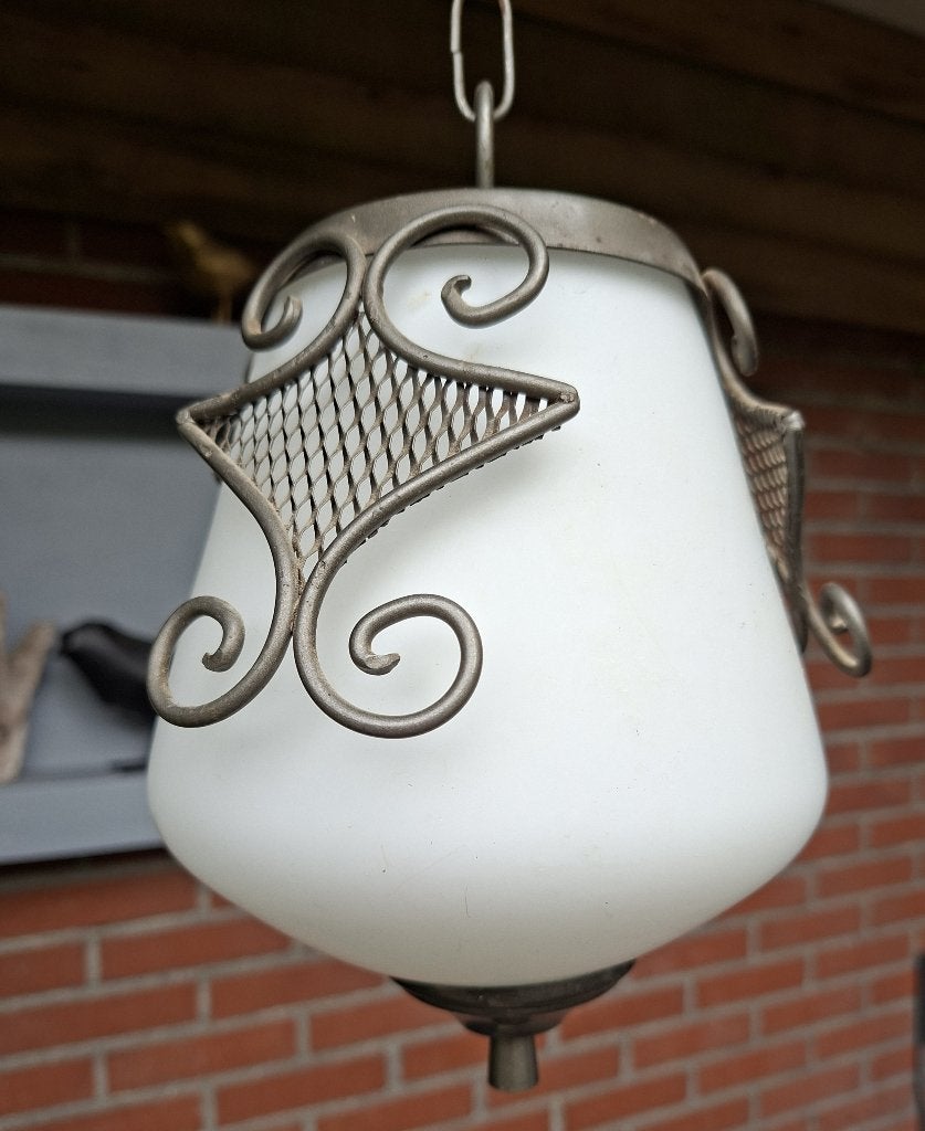 smeedijzeren vintage hanglamp - hal /serre of keukenlamp, Gebruikt, Landelijk - vintage - brocante  - retro - smeedijzer, Glas