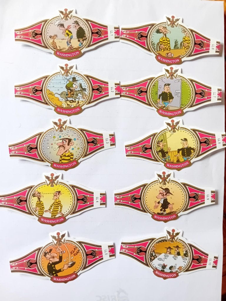 Lucky Luke sigarenbandjes serie De Profeet Washington rood, Ophalen of Verzenden, Kuifje, Zo goed als nieuw, Beeldje of Figuurtje