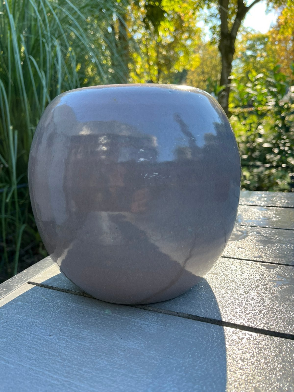 Gubbels pot/vaas, binnenzijde geglazuurd. Grijs., Tuin en Terras, Ophalen of Verzenden, Zo goed als nieuw, Aardewerk